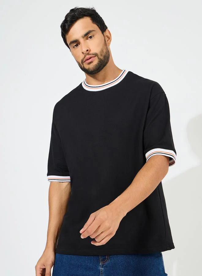 ستايلي Solid Cotton Terry Ringer T-Shirt with Contrast Rib Neck Detail
