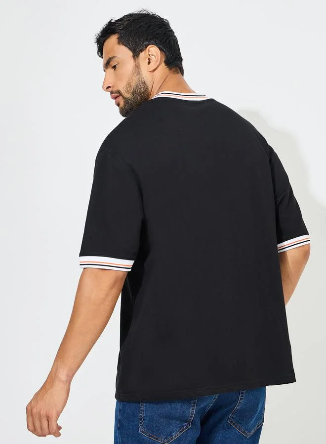 ستايلي Solid Cotton Terry Ringer T-Shirt with Contrast Rib Neck Detail