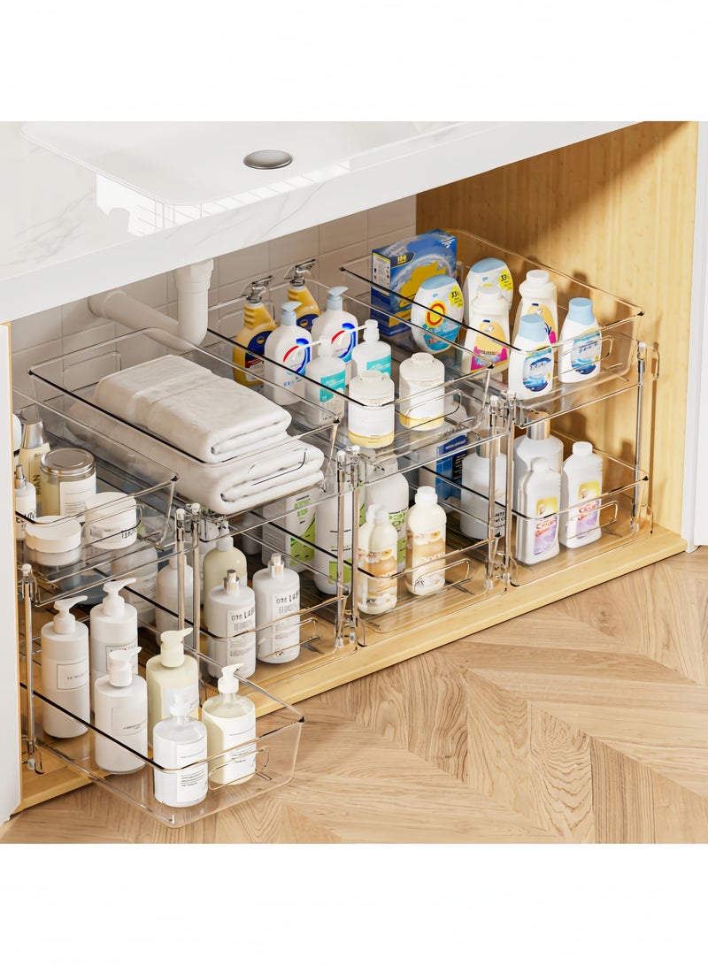 GGEROU 4 Pack Bathroom Organizer, 2 Tier Clear Under Sink Organizers Vanity Countertop Storage Container,Cabinet Drawers Bins, Pull-Out Organization with Track - Image 1