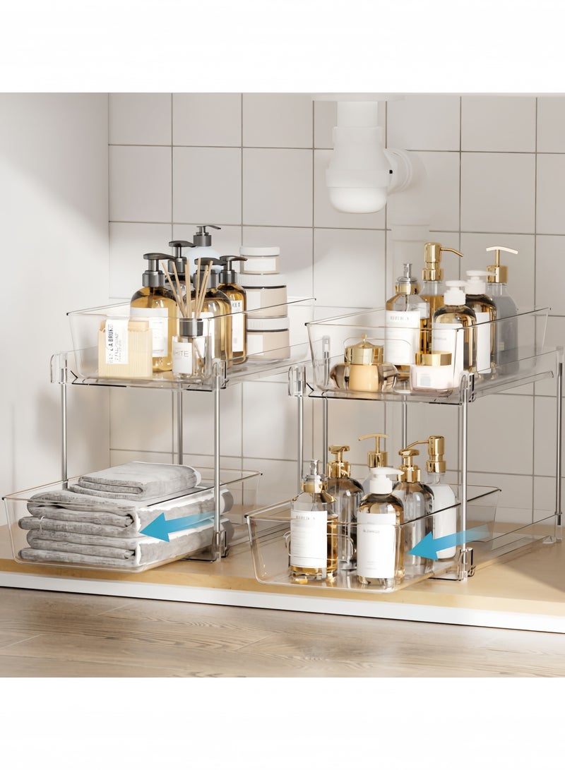 GGEROU 4 Pack Bathroom Organizer, 2 Tier Clear Under Sink Organizers Vanity Countertop Storage Container,Cabinet Drawers Bins, Pull-Out Organization with Track - Image 3