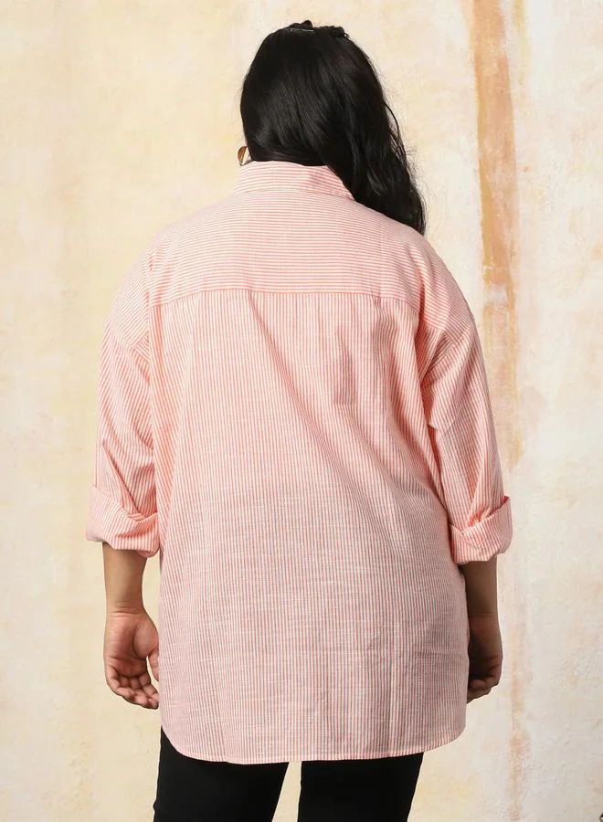 HIGH STAR Women Oversized Fit Opaque Casual Cotton Striped Shirt