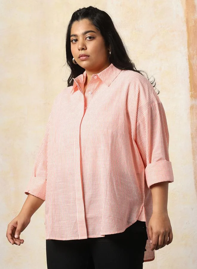 HIGH STAR Women Oversized Fit Opaque Casual Cotton Striped Shirt