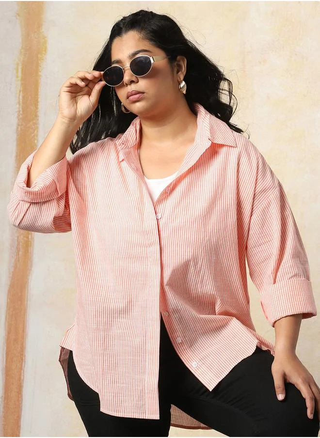 HIGH STAR Women Shirts in Orange featuring Oversized fit with a strip pattern, spread collar collar, collar neckline, full sleeve, secured with button closure, crafted from 100% cotton – ideal for both casual and formal outings.