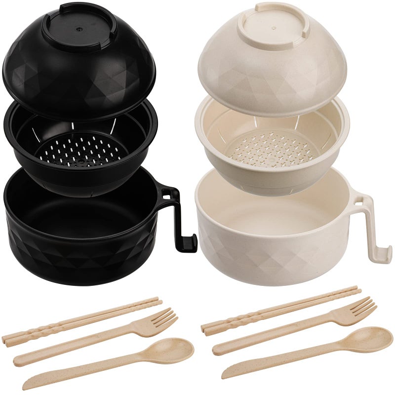 Okllen Okllen 2 Pack Microwave Ramen Cooker Ramen Bowl with Lid Chopsticks Fork Spoon  Wheat Straw Instant Noodle Bowl for College Dorm Room Apartment  Essentials for Girls Boys  Black and Beige 