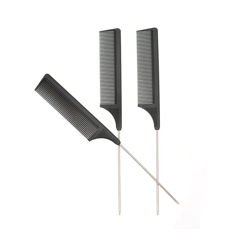 3 Pcs Rat Tail Combs Carbon Fiber Heat Resistant Teasing Hair Combs with Stainless Steel Pintail for All Hair Types Black