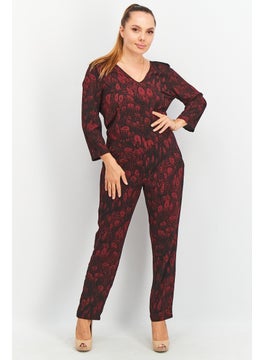 Women Long Sleeve Allover Print Jumpsuit, Red