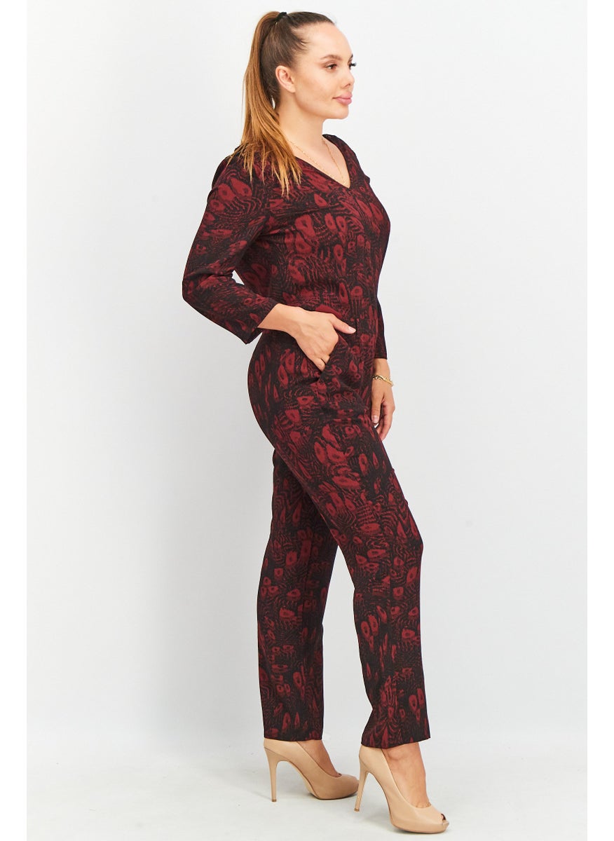 One Step - Women Long Sleeve Allover Print Jumpsuit, Red - Image 1