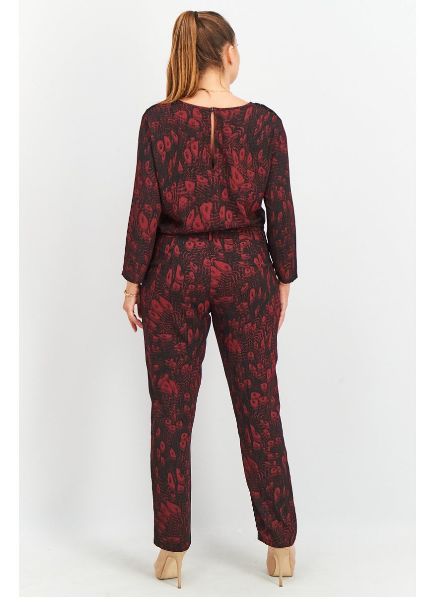 One Step - Women Long Sleeve Allover Print Jumpsuit, Red - Image 1
