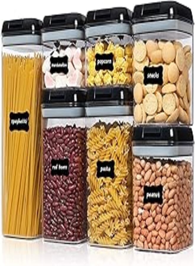 Arabest Airtight Food Storage Box, 7 Piece BPA Free Plastic Grain Containers with Easy Lock Lid for Kitchen Pantry Organization and Storage, Includes 24 Labels (Black)