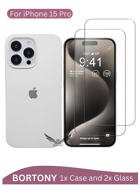 iPhone 15 Pro Case with 2X Screen Protector【3 in 1】Liquid Silicone Soft Silky Touch iPhone 15 Pro Cover Inside Microfiber Anti Scratch Shockproof Protective Case Cover