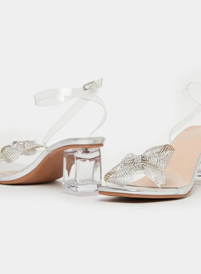 Take Two Embellished Bow Accent Block Heel Sandals