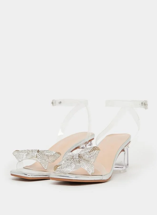 Take Two Embellished Bow Accent Block Heel Sandals