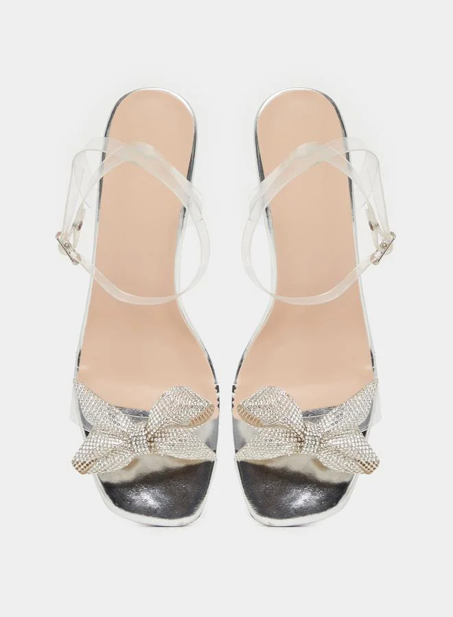 Take Two Embellished Bow Accent Block Heel Sandals