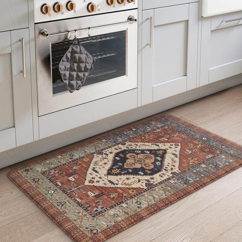 KIMODE Anti Fatigue Kitchen Mat, Boho Distressed Kitchen Rug 20"x32", Non Slip Waterproof Kitchen Floor Mat, Comfort Foam Mat for Kitchen Floor, Sink, Laundry, Office, Desk Red Floral - Image 1