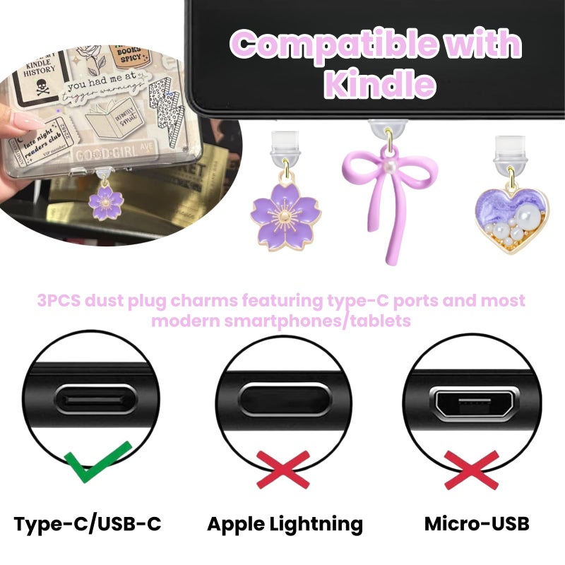 Limotex 6PCS Charms Set Compatible with Kindle, Accessories Including Dust Plug Charm Type C/USB C, Charm Chain with Hook, Heart Grip Holder, Compatible with Kindle Paperwhite 11th 12th Generation(Purple) - Image 3
