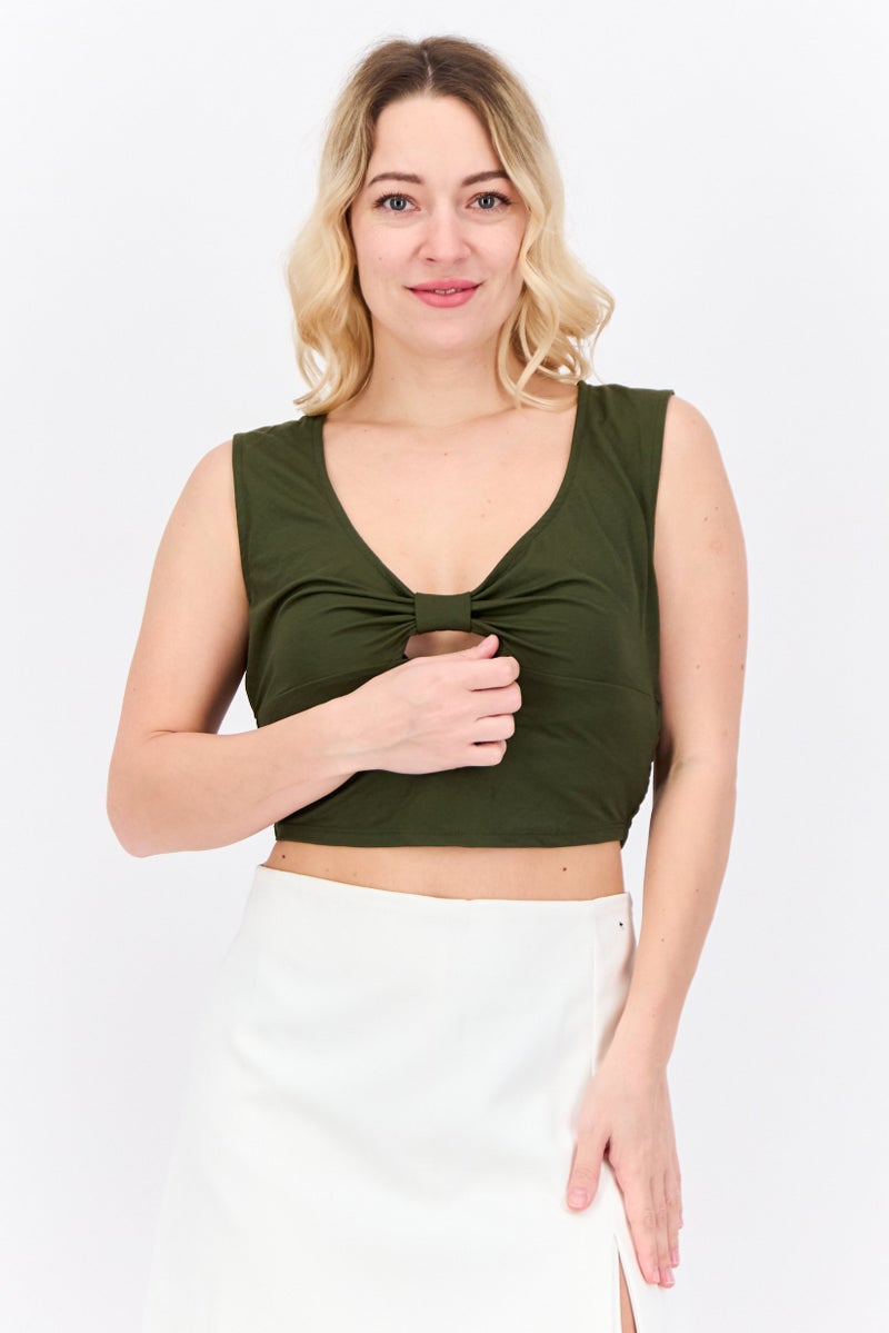 ONLY Women U Neck Solid Sleeveless Cropped  Top, Army Green - Image 1