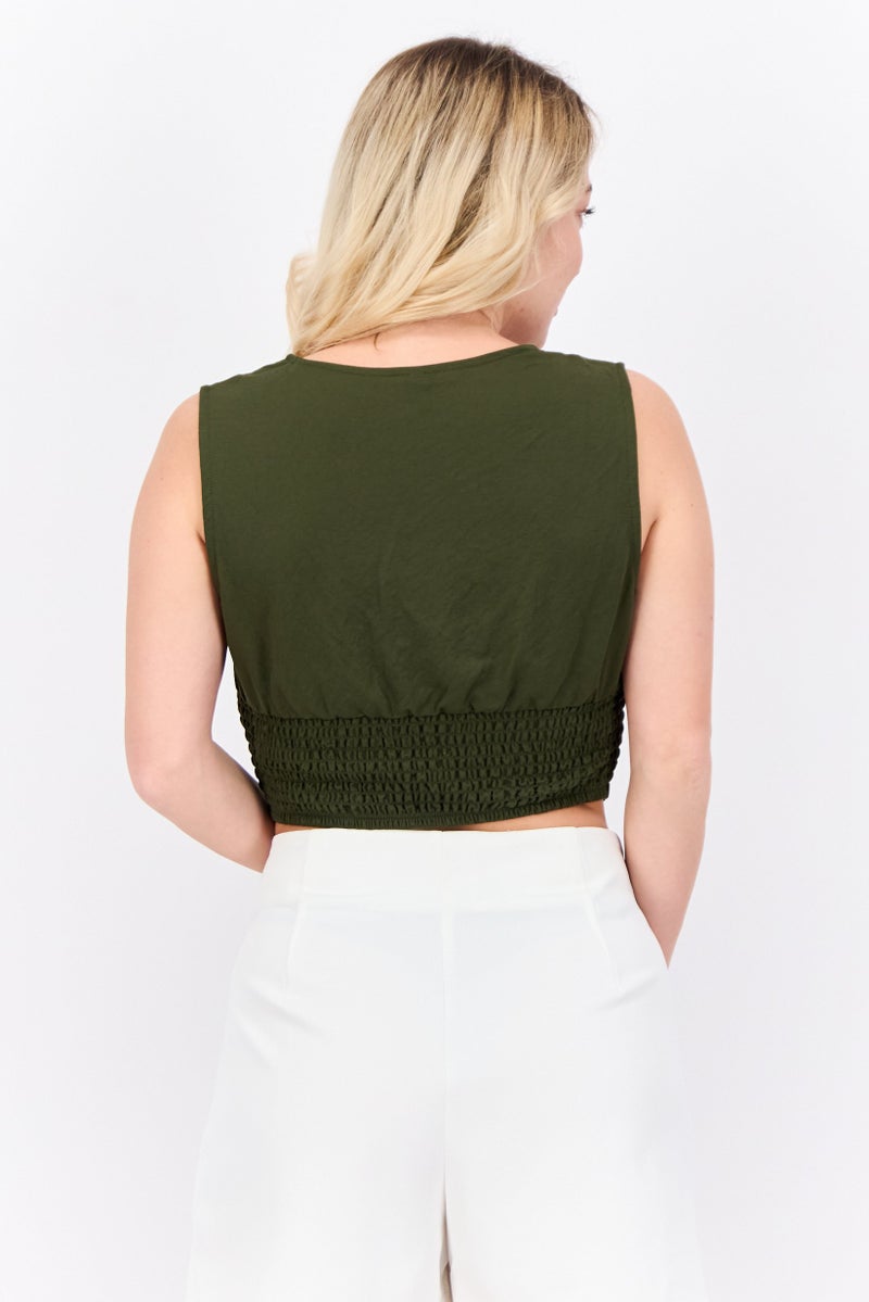 ONLY Women U Neck Solid Sleeveless Cropped  Top, Army Green - Image 2
