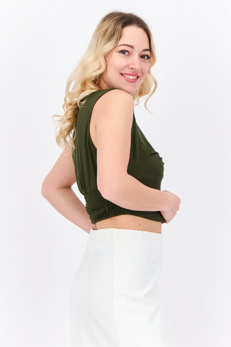 ONLY Women U Neck Solid Sleeveless Cropped  Top, Army Green - Image 3