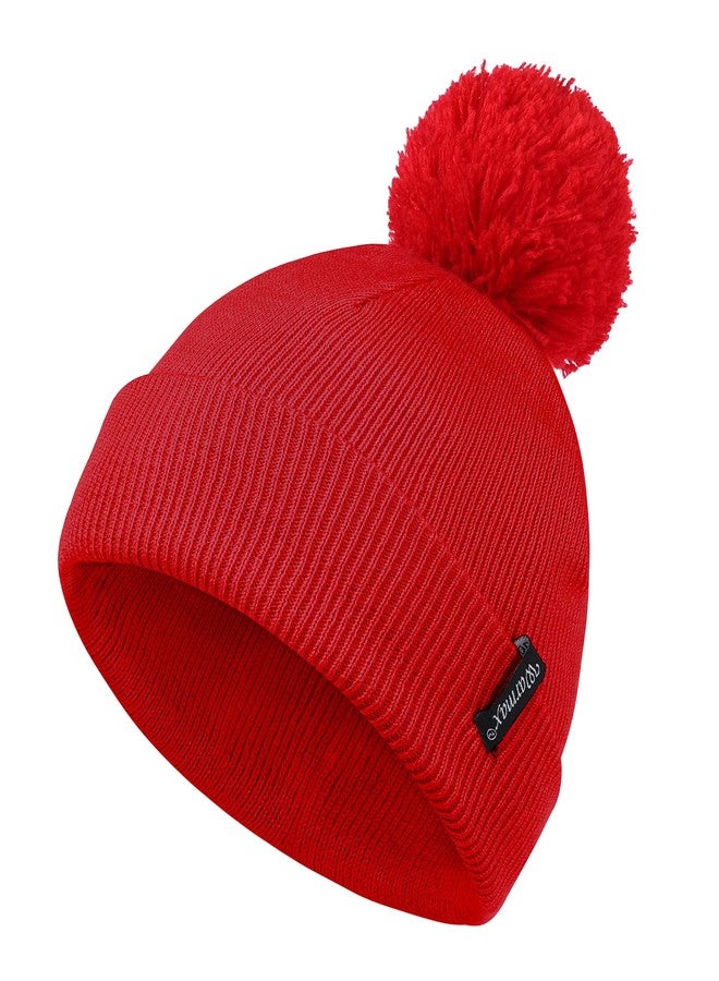 Zando Baby Beanie Winter Hat Toddler Double Layer Kids Knit Cap for Boys Girls Pom Pom Infant Red 6-36 Months - Image 1