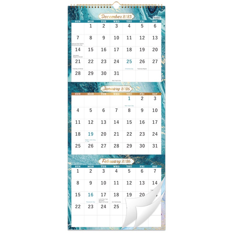 BooQool 2026 Wall Calendar - 3 Month Calendar 2026, Dec. 2025 - Jan. 2027, 11" x 26", 14 Months Calendar (Vertical), Large, Lay- Flat Design - Image 1