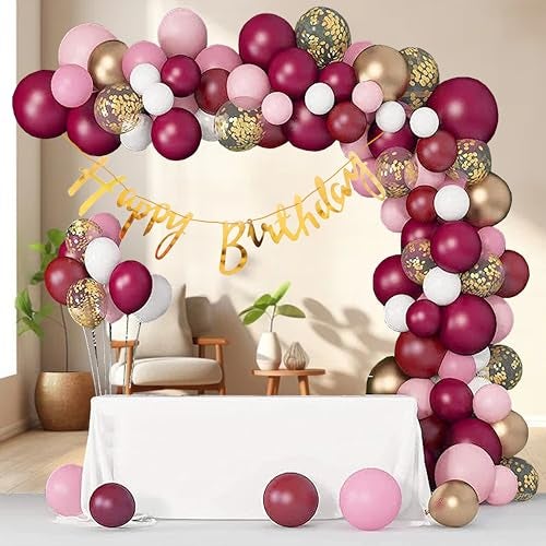 TOYXE Burgundy Pink Balloons birthday decoration kit combo, birthday balloons for decoration, birthday decoration for girls, Wedding Party Decorations Supplies Set of 93 - Image 1