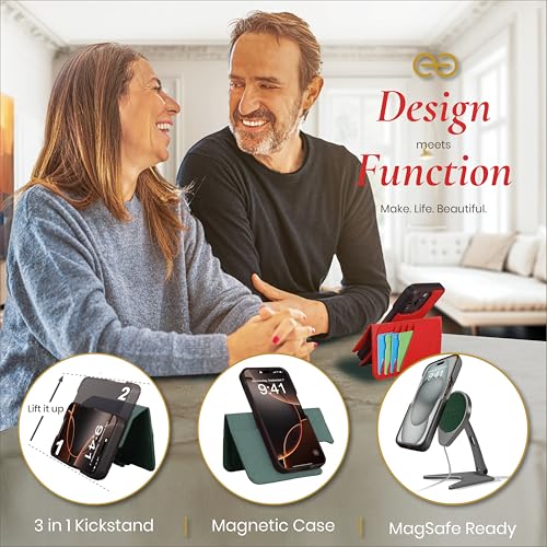 Dreem for iPhone 16 Pro Case Wallet, Revolutionary Phone Stand, Vegan Leather, MagSafe-Fit, Magnetic Detachable Flip Cover, RFID Blocking Card Holder, Gift-Box [Fibonacci:Green] - Image 4
