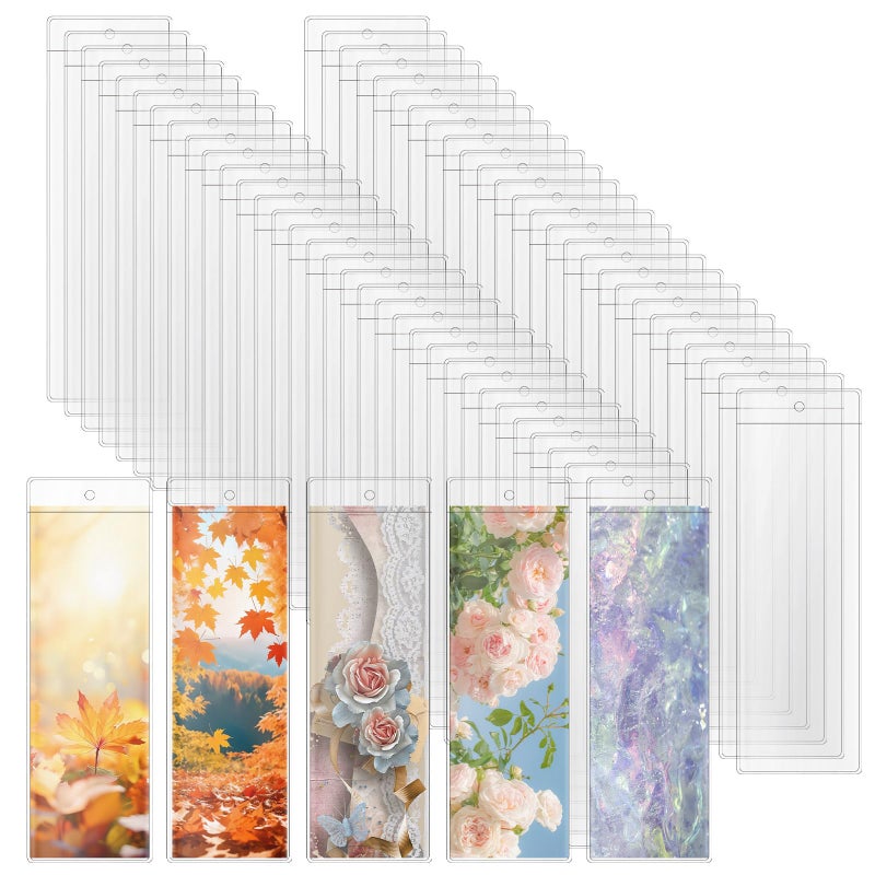 SBYURE 100 PCS Clear Bookmark Sleeves, 7.5 x 2.5 Inch Blank Bookmark Holder Large Clear Photo Booth Sleeves with Hole Book Marker Cover Holder for Wedding Valentineâ€™s Party Favor Decoration - Image 1