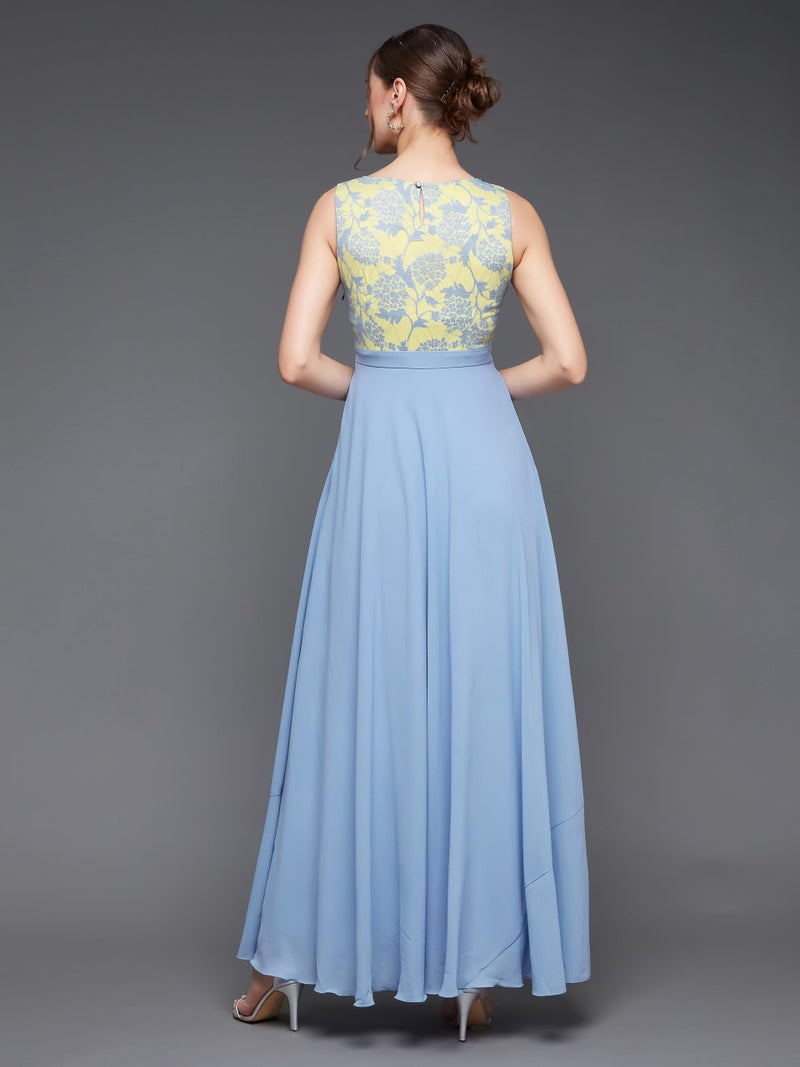 Miss Chase Women's Round Neck Sleeveless Georgette Floral Lace Fit & Flare Maxi Dress Sky Blue - Image 4