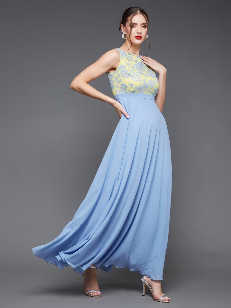 Miss Chase Women's Round Neck Sleeveless Georgette Floral Lace Fit & Flare Maxi Dress Sky Blue - Image 3