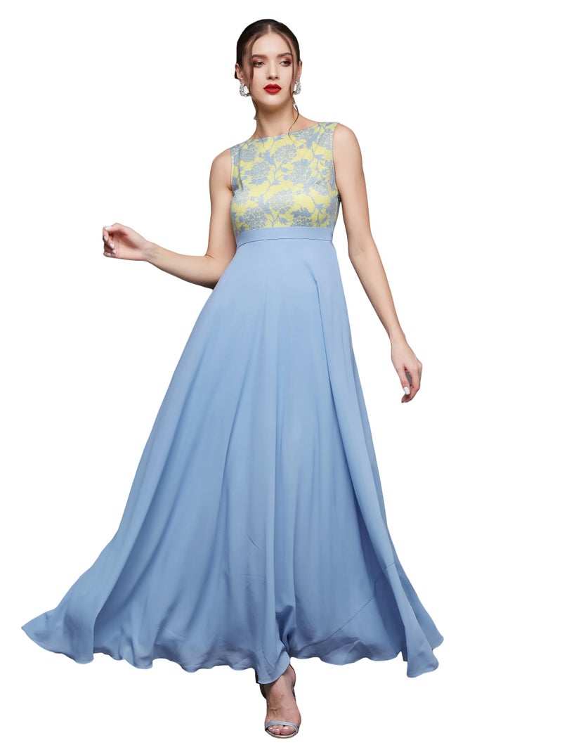 Miss Chase Women's Round Neck Sleeveless Georgette Floral Lace Fit & Flare Maxi Dress Sky Blue - Image 1