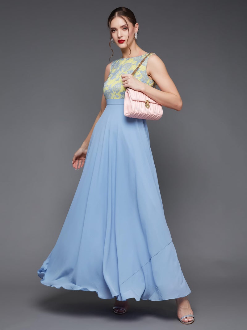 Miss Chase Women's Round Neck Sleeveless Georgette Floral Lace Fit & Flare Maxi Dress Sky Blue - Image 2