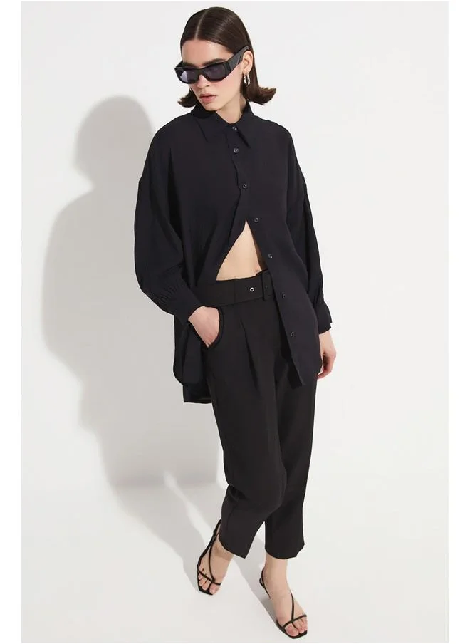 JUNE June Coated Belted Woven Trouser Black