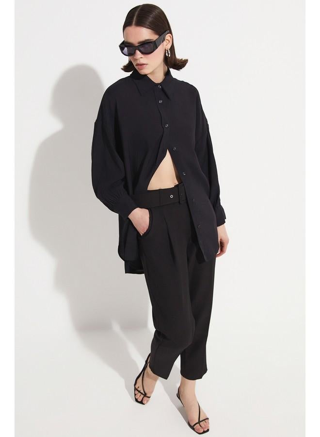 JUNE Coated Belted Woven Trouser Black - Image 2