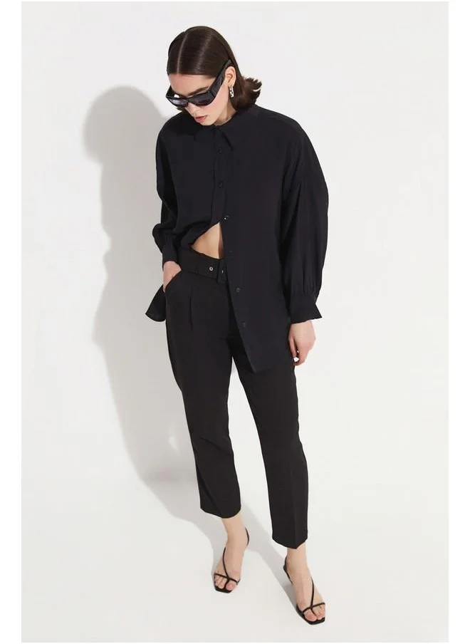 JUNE June Coated Belted Woven Trouser Black