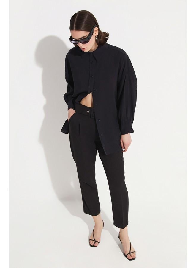 JUNE Coated Belted Woven Trouser Black - Image 1