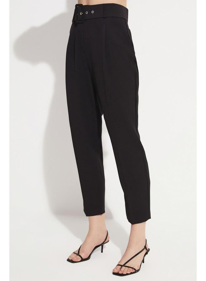 JUNE Coated Belted Woven Trouser Black - Image 4