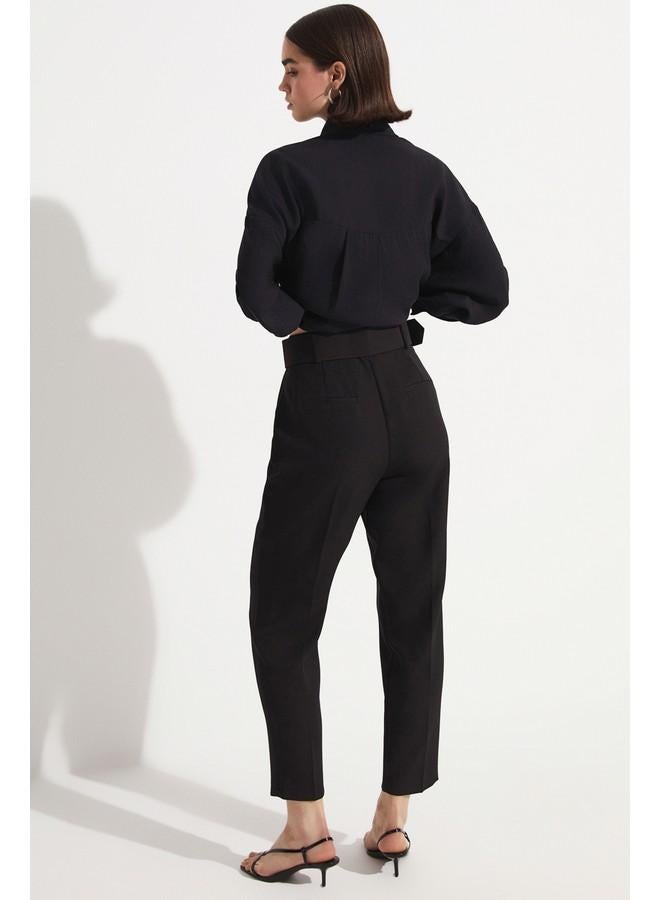 JUNE Coated Belted Woven Trouser Black - Image 5