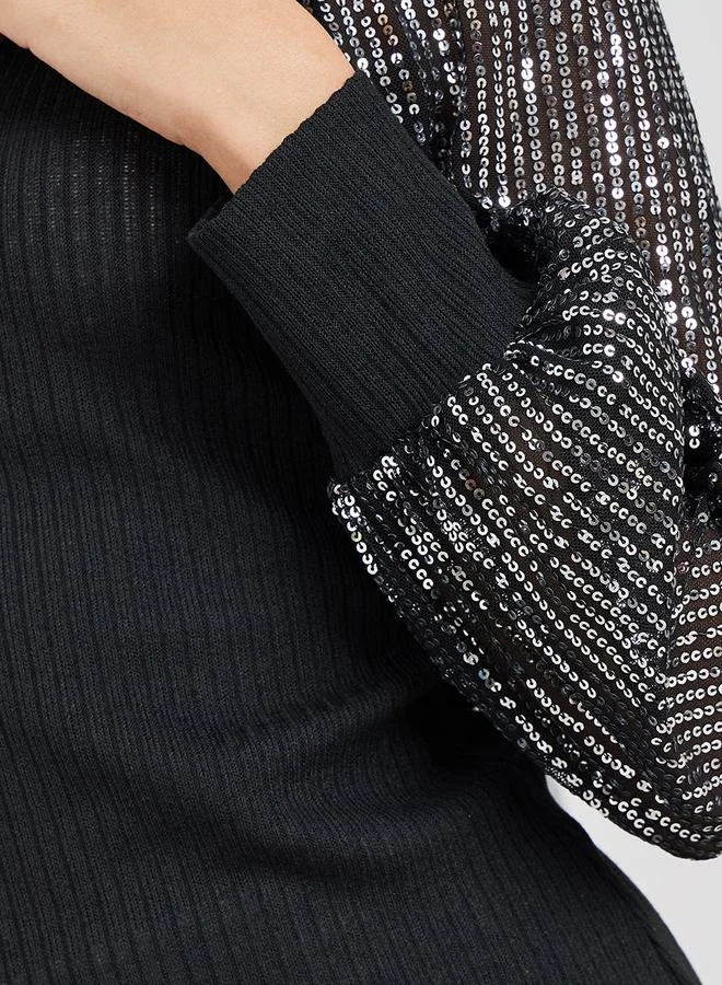 Take Two Contrast Sequin Detail Balloon Sleeve Knit Top