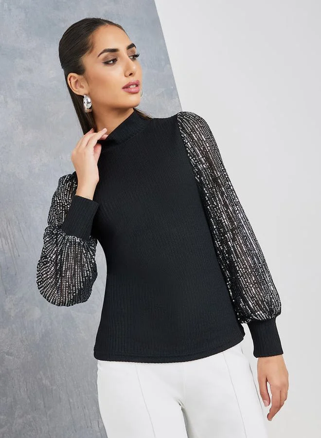 Take Two Contrast Sequin Detail Balloon Sleeve Knit Top