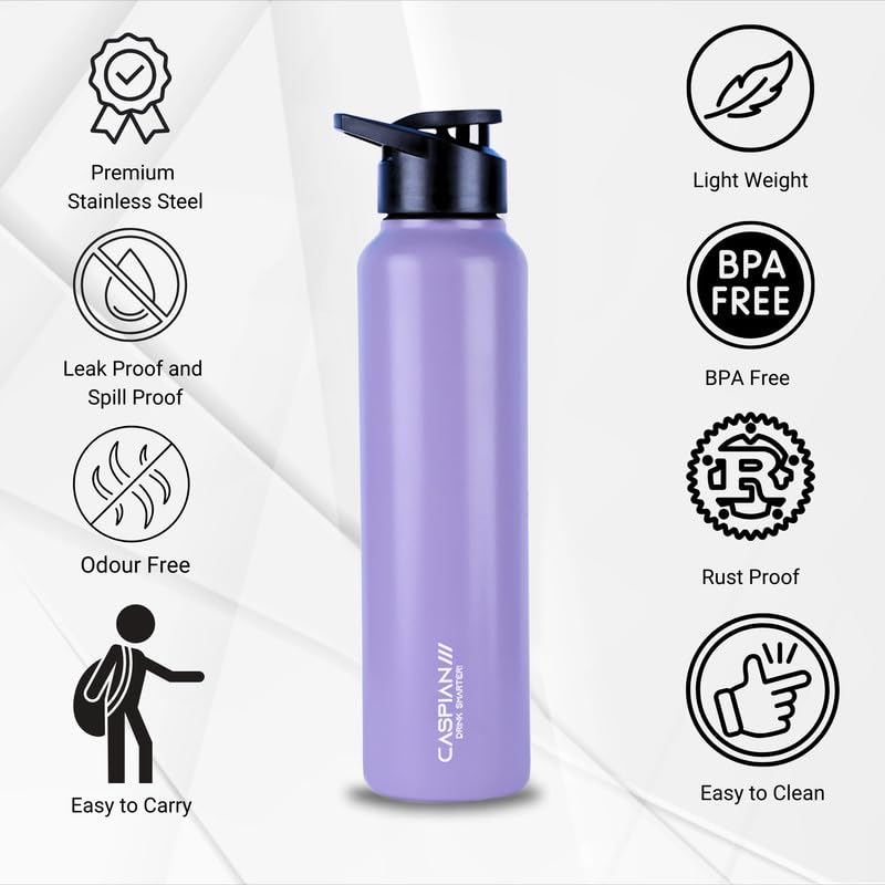 CASPIAN /// Hike Stainless Steel Sipper Water Bottle (Light Purple, 1 Litre, Set of 1)| Leak Proof Thunder for Fridge Home Office Travel School Kids Boys Girls Adults Sports Gym Yoga - Image 3