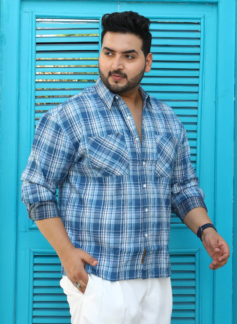 Instafab Plus  Instafab Plus Men's Steel Blue Tartan Plaid Shirt For Casual Wear | Spread Collar | Long Cuffed Sleeves | Button Closure | Plus Size Shirt Crafted With Comfort Fit For Everyday Wear for Men | Best Price UAE