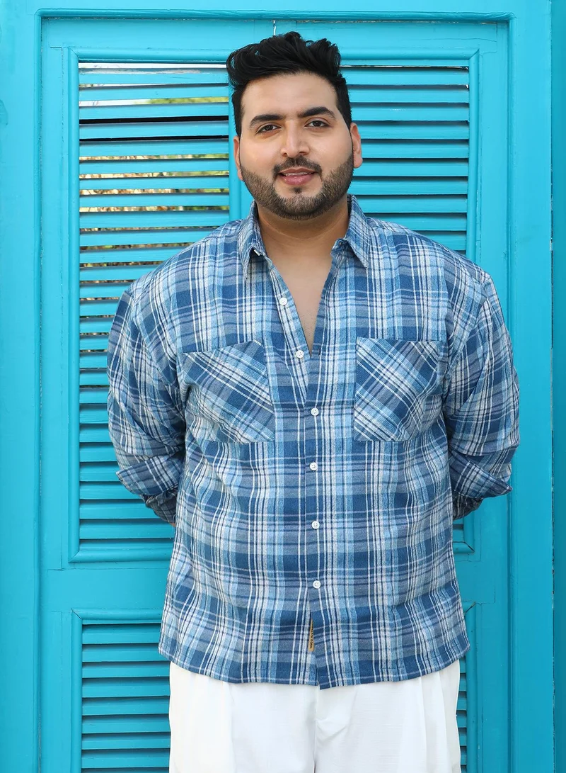 انستافاب بلس قميص رجالي Instafab Plus أزرق فولاذي كاروهات كلاسيك مقاس بلس