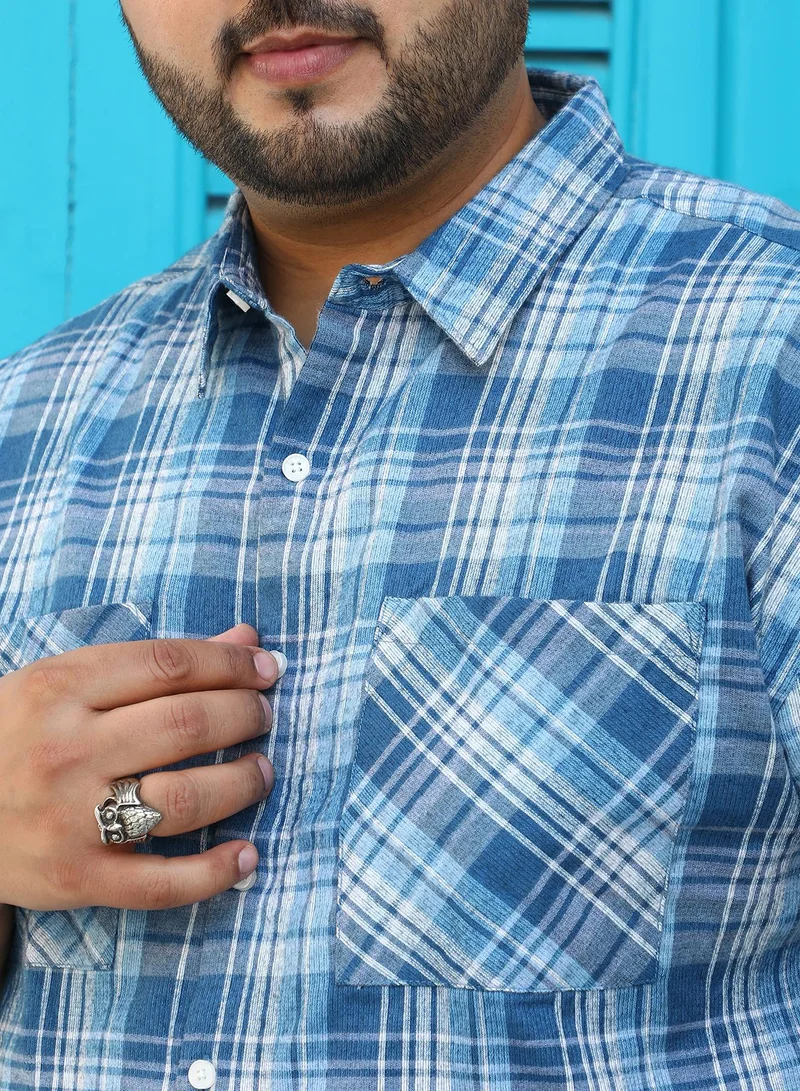 Instafab Plus  Instafab Plus Men's Steel Blue Tartan Plaid Shirt For Casual Wear | Spread Collar | Long Cuffed Sleeves | Button Closure | Plus Size Shirt Crafted With Comfort Fit For Everyday Wear for Men | Best Price UAE