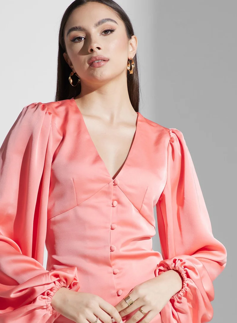 PRETTY LAVISH Satin Button-Down Dress