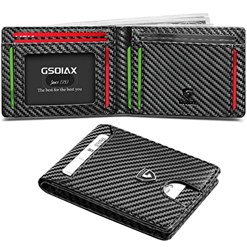 GSOIAX Slim Wallet for Men RFID Blocking Bifold Wallet Carbon Fiber Front Pocket Wallet with 11 Card Holder Minimalist Mens Wallet with Gift Box(Carbon Black-) - Image 1