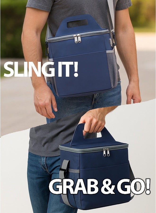 توشيونيكس حقيبة غداء معزولة – مقاومة للتسرب وصديقة للبيئة – مصنوعة من قماش أوكسفورد الحراري – سعة 8.5 لتر – مدمجة ومتينة – مزودة بحزام كتف ومقبض – متعددة الجيوب للتنقل والعمل والمدرسة – فتاحة زجاجات مرفقة – ألوان: أسود، رمادي، أزرق - Image 2