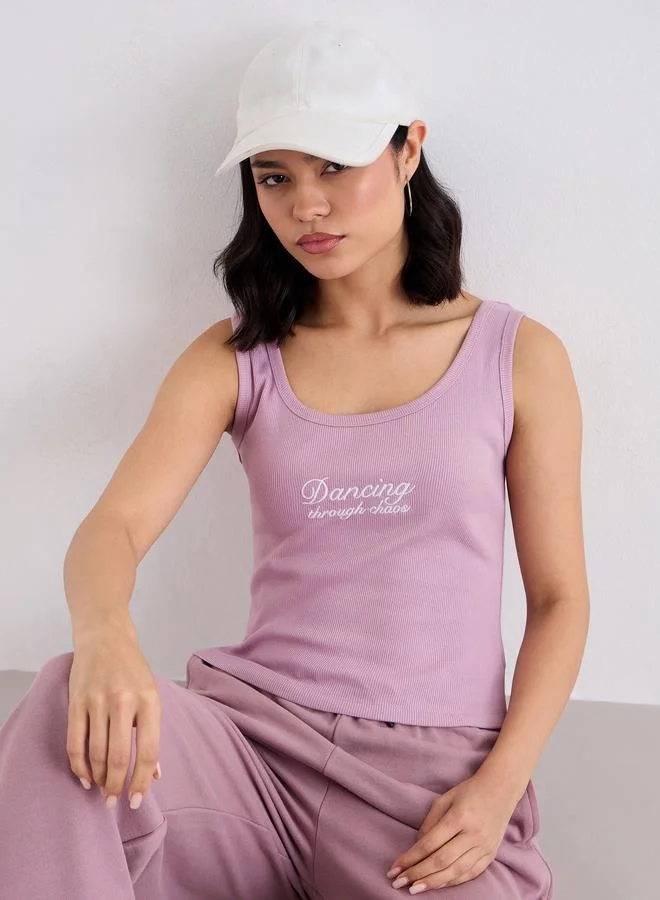 Styli Styli Purple Fitted Embroidered Tank
