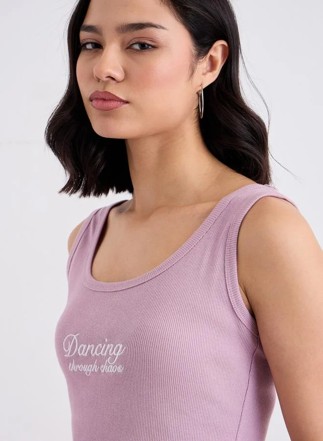 Styli Styli Purple Fitted Embroidered Tank