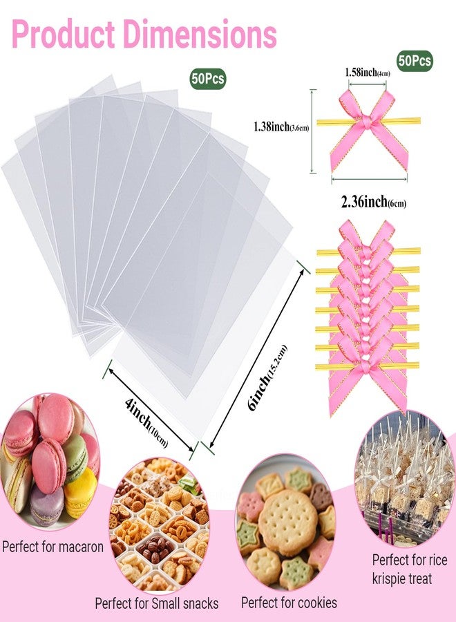 TEMLQPACK 50PCS 4x6 Inches Clear Flat-Sealing Cellophane Rice Krispie Treat Bags with Pink Bow Accessories, Resealable for Cookie Candy Jewelry Crafts Small Product Packaging - Image 3