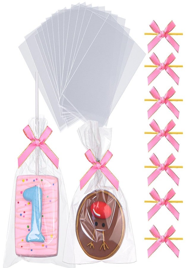 TEMLQPACK 50PCS 4x6 Inches Clear Flat-Sealing Cellophane Rice Krispie Treat Bags with Pink Bow Accessories, Resealable for Cookie Candy Jewelry Crafts Small Product Packaging - Image 1